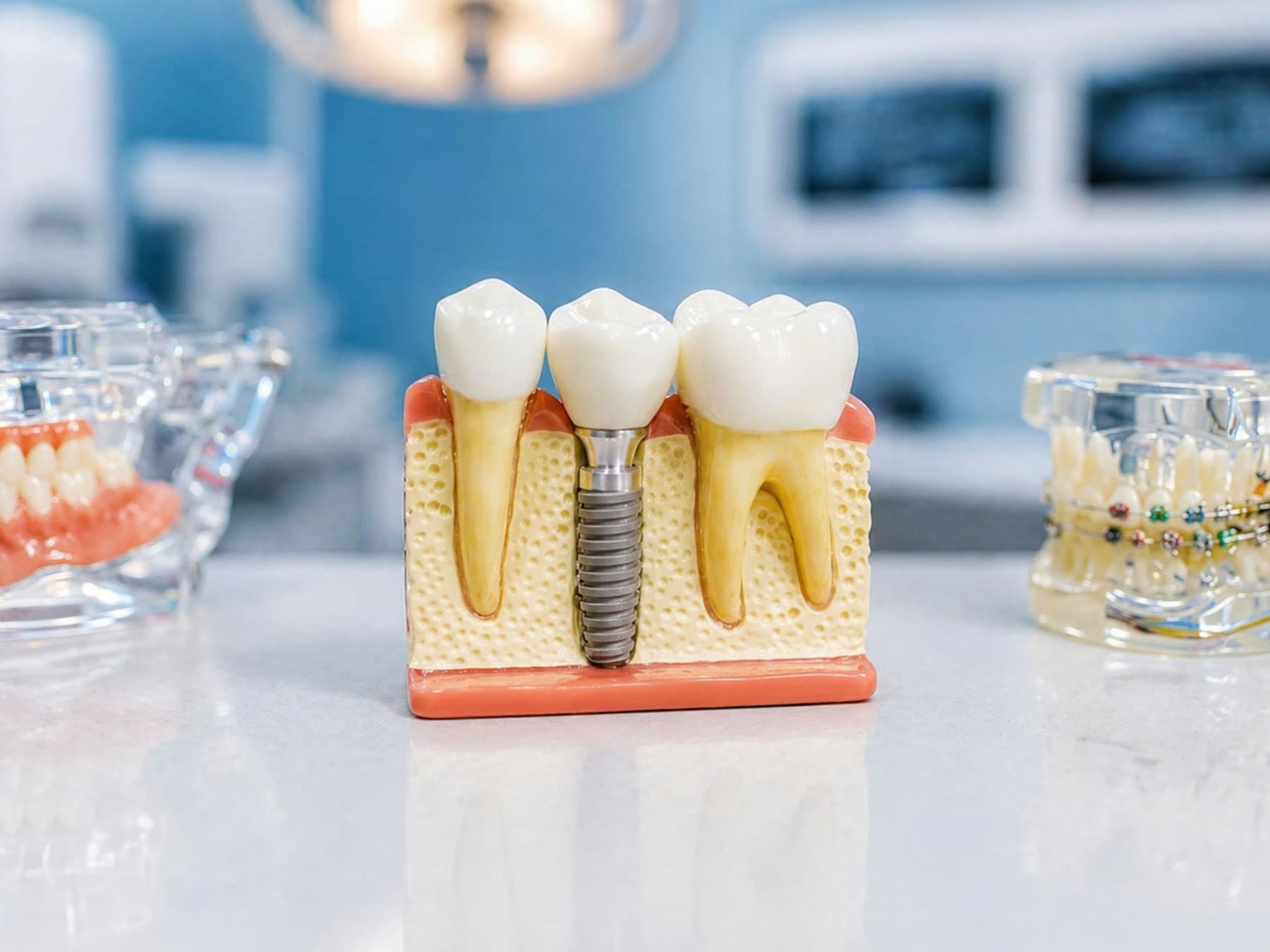 A teaching model of a dental implant between two natural teeth